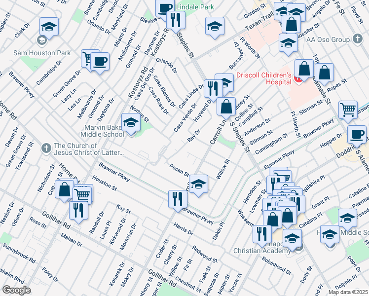 map of restaurants, bars, coffee shops, grocery stores, and more near 1329 Ray Drive in Corpus Christi