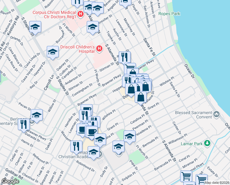 map of restaurants, bars, coffee shops, grocery stores, and more near 617 Hopper Drive in Corpus Christi
