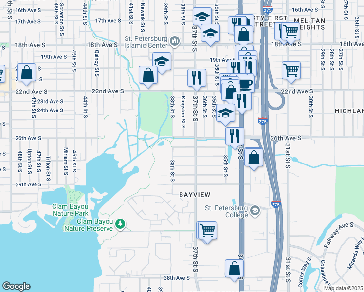 map of restaurants, bars, coffee shops, grocery stores, and more near 3759 27th Avenue South in St. Petersburg