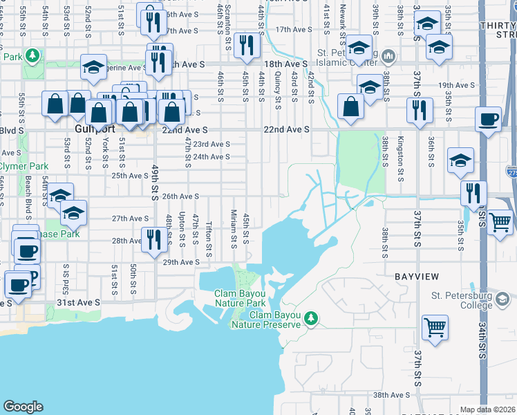 map of restaurants, bars, coffee shops, grocery stores, and more near 2623 44th Street South in Gulfport