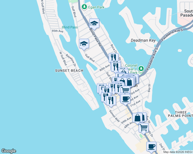 map of restaurants, bars, coffee shops, grocery stores, and more near 521 79th Avenue in St. Pete Beach