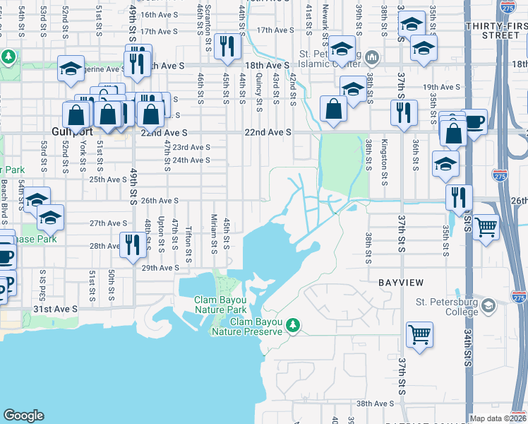 map of restaurants, bars, coffee shops, grocery stores, and more near 2618 Quincy Street South in Gulfport