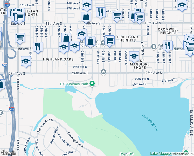 map of restaurants, bars, coffee shops, grocery stores, and more near 2623 Union Street South in St. Petersburg