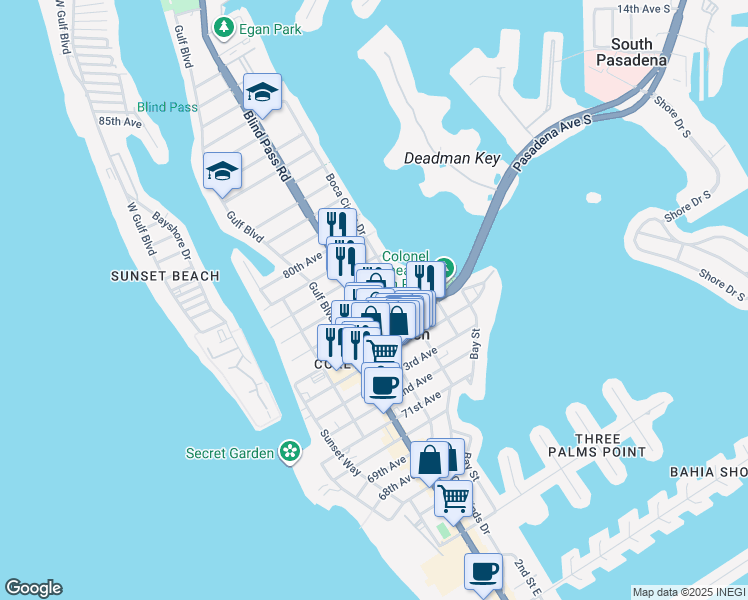 map of restaurants, bars, coffee shops, grocery stores, and more near 7625 Florida 699 in St. Pete Beach