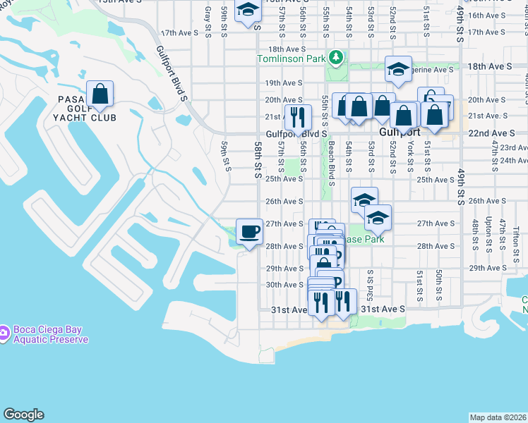 map of restaurants, bars, coffee shops, grocery stores, and more near 2614 58th Street South in Gulfport
