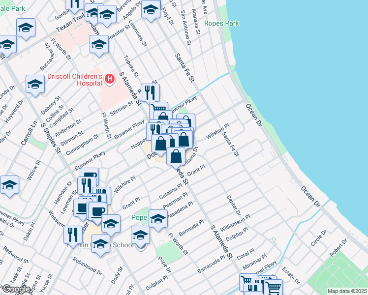 map of restaurants, bars, coffee shops, grocery stores, and more near 3820 South Alameda Street in Corpus Christi