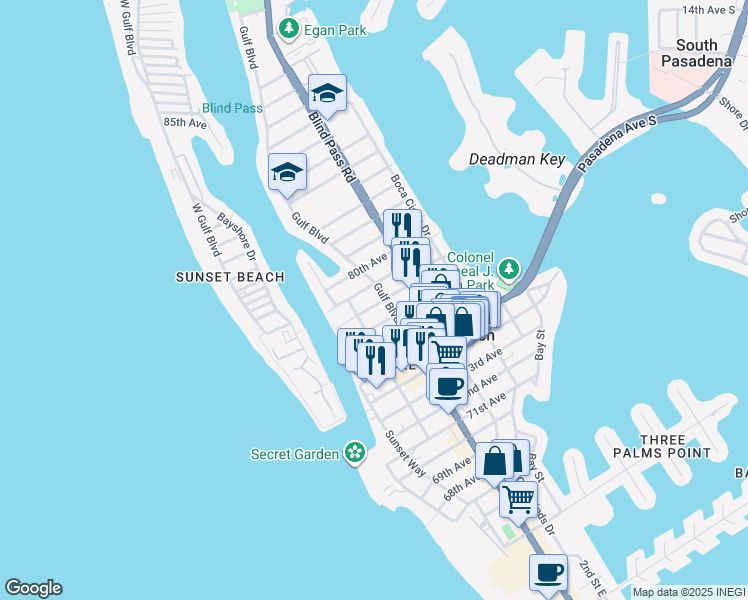 map of restaurants, bars, coffee shops, grocery stores, and more near 505 78th Avenue in St. Pete Beach