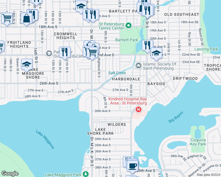 map of restaurants, bars, coffee shops, grocery stores, and more near 751 27th Avenue South in St. Petersburg