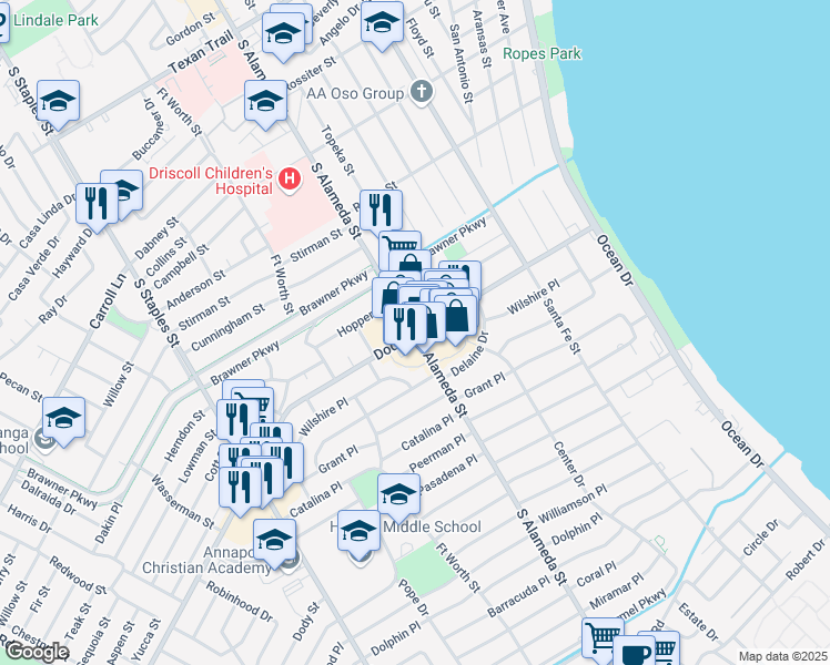 map of restaurants, bars, coffee shops, grocery stores, and more near 3799 South Alameda Street in Corpus Christi