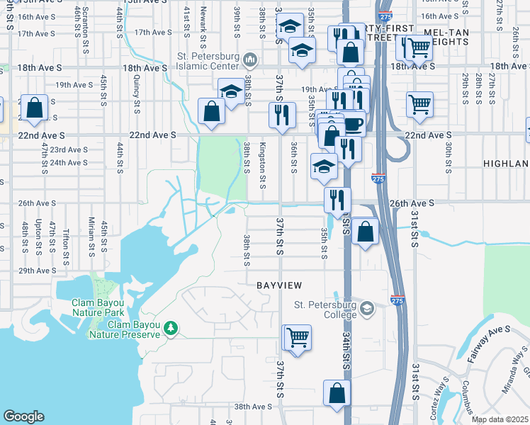 map of restaurants, bars, coffee shops, grocery stores, and more near 3759 27th Avenue South in St. Petersburg