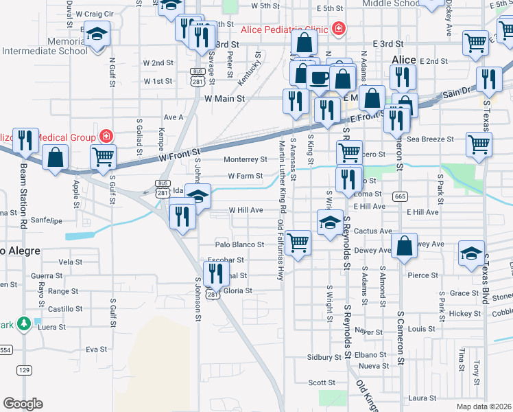 map of restaurants, bars, coffee shops, grocery stores, and more near 204 West Hill Avenue in Alice
