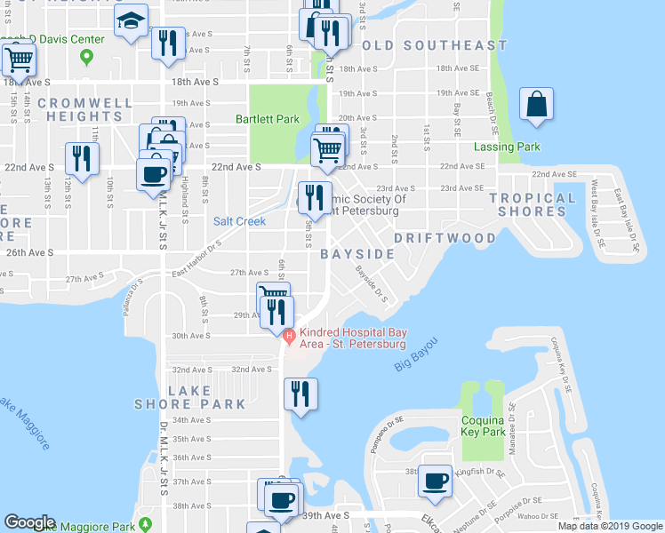 map of restaurants, bars, coffee shops, grocery stores, and more near 2720 Edwards Avenue South in St. Petersburg