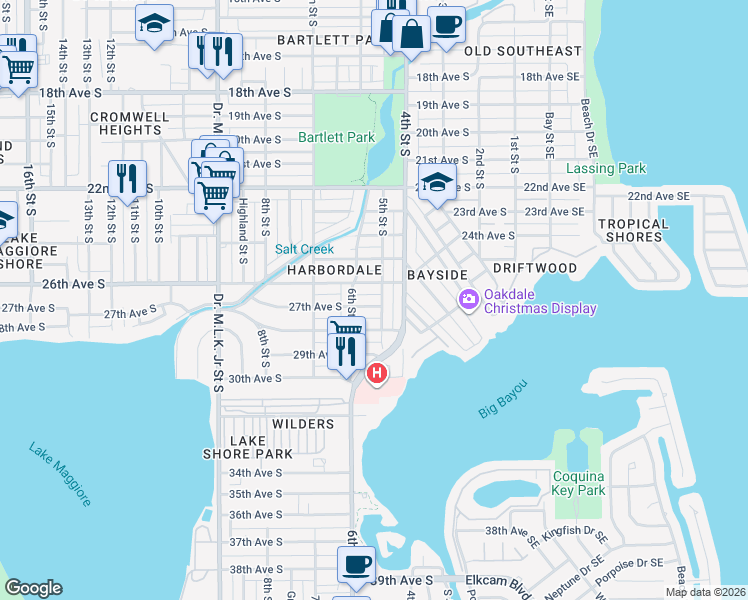 map of restaurants, bars, coffee shops, grocery stores, and more near 2636 5th Street South in St. Petersburg