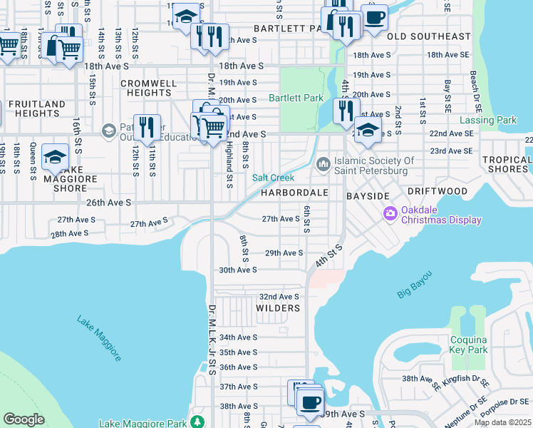 map of restaurants, bars, coffee shops, grocery stores, and more near 727 27th Avenue South in Saint Petersburg