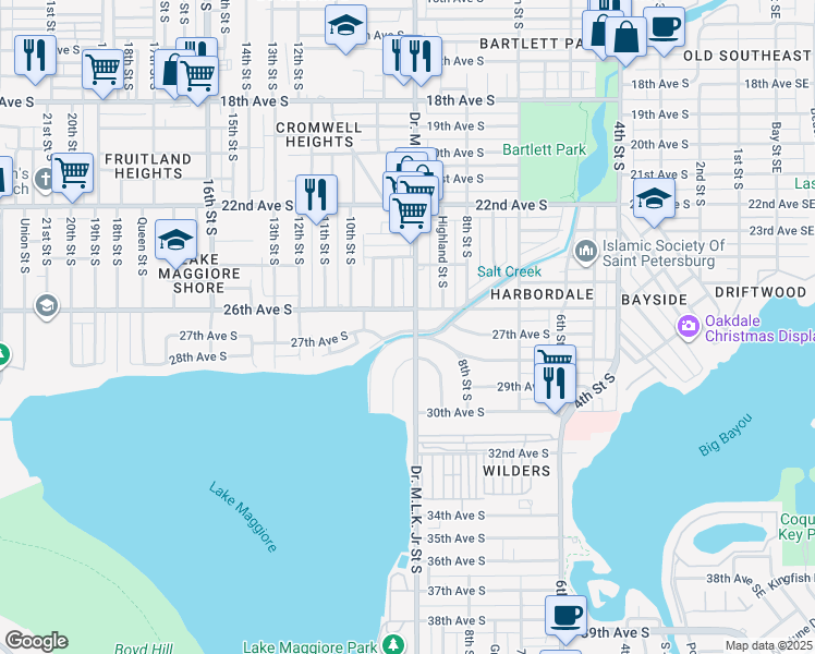 map of restaurants, bars, coffee shops, grocery stores, and more near 901 28th Avenue South in Saint Petersburg