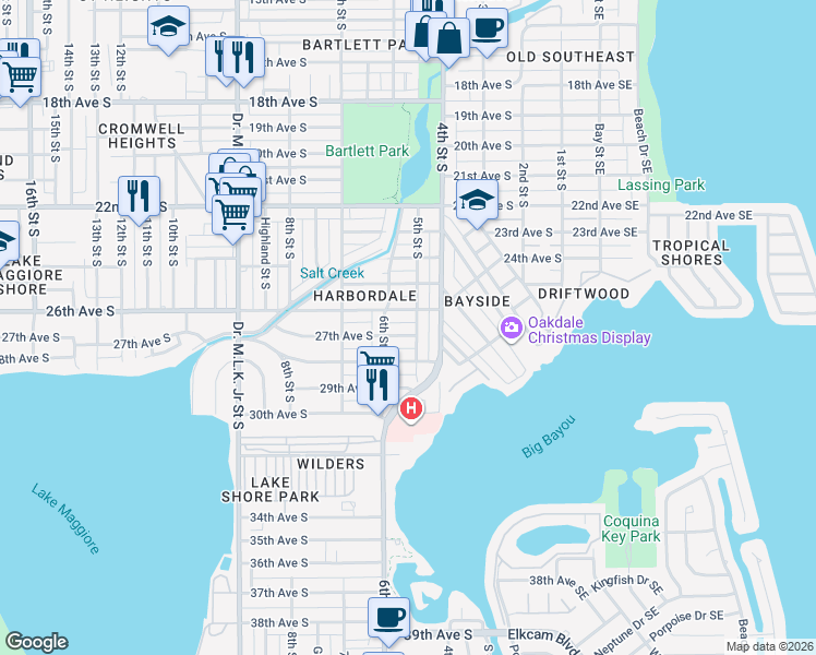 map of restaurants, bars, coffee shops, grocery stores, and more near 2636 5th Street South in St. Petersburg