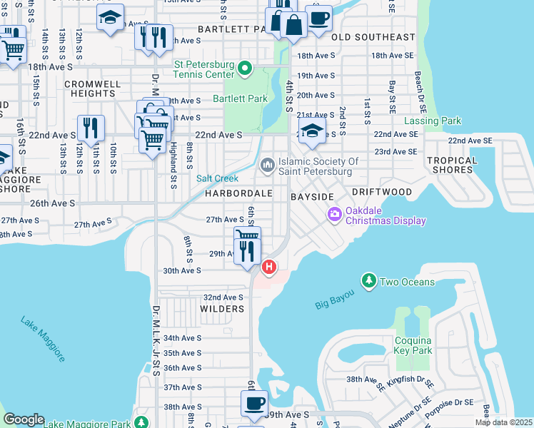map of restaurants, bars, coffee shops, grocery stores, and more near 509 27th Avenue South in St. Petersburg