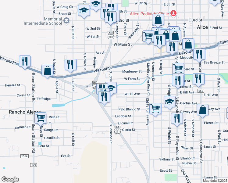 map of restaurants, bars, coffee shops, grocery stores, and more near 504 West Hill Avenue in Alice
