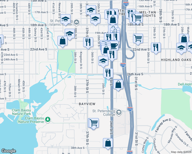 map of restaurants, bars, coffee shops, grocery stores, and more near 3557 27th Avenue South in St. Petersburg