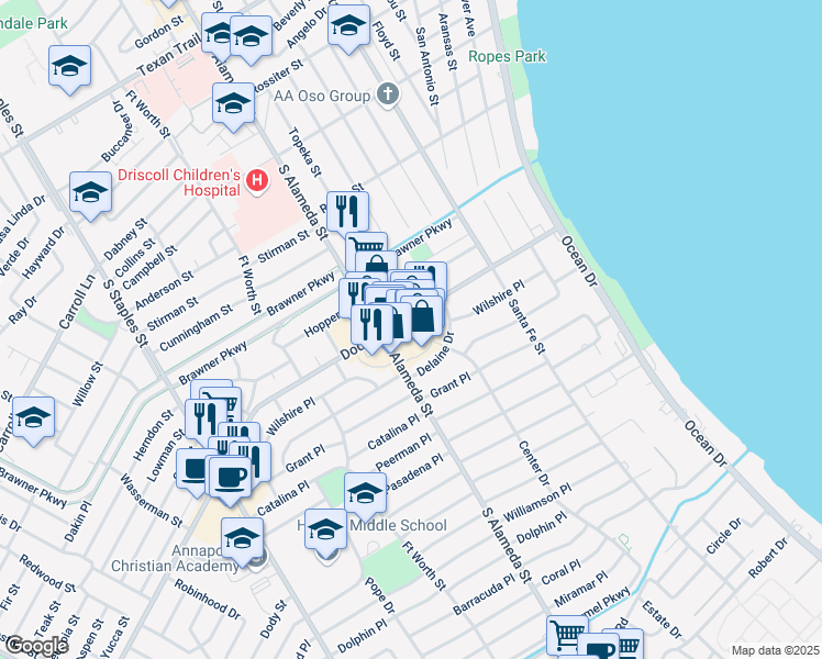 map of restaurants, bars, coffee shops, grocery stores, and more near 3800 South Alameda Street in Corpus Christi