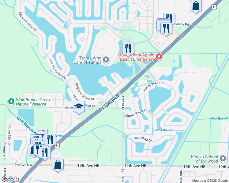 map of restaurants, bars, coffee shops, grocery stores, and more near 418 Manns Harbour Drive in Apollo Beach