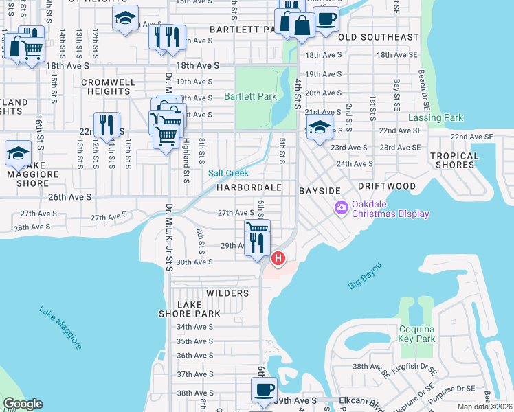 map of restaurants, bars, coffee shops, grocery stores, and more near 2647 6th Street South in St. Petersburg