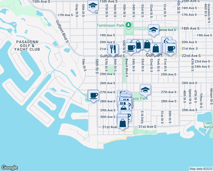 map of restaurants, bars, coffee shops, grocery stores, and more near 2626 Concordia Court South in Gulfport