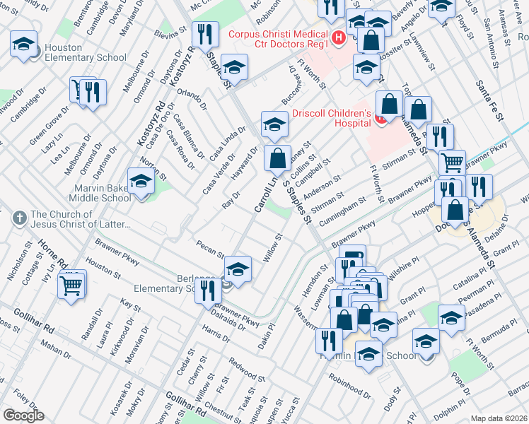 map of restaurants, bars, coffee shops, grocery stores, and more near 3606 Cypress Street in Corpus Christi