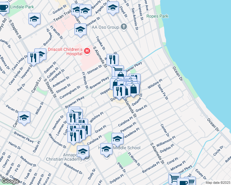 map of restaurants, bars, coffee shops, grocery stores, and more near 3714 Reid Drive in Corpus Christi