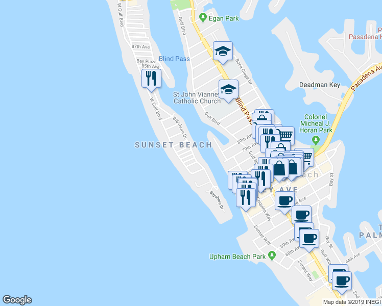 map of restaurants, bars, coffee shops, grocery stores, and more near 48 79th Terrace in Treasure Island