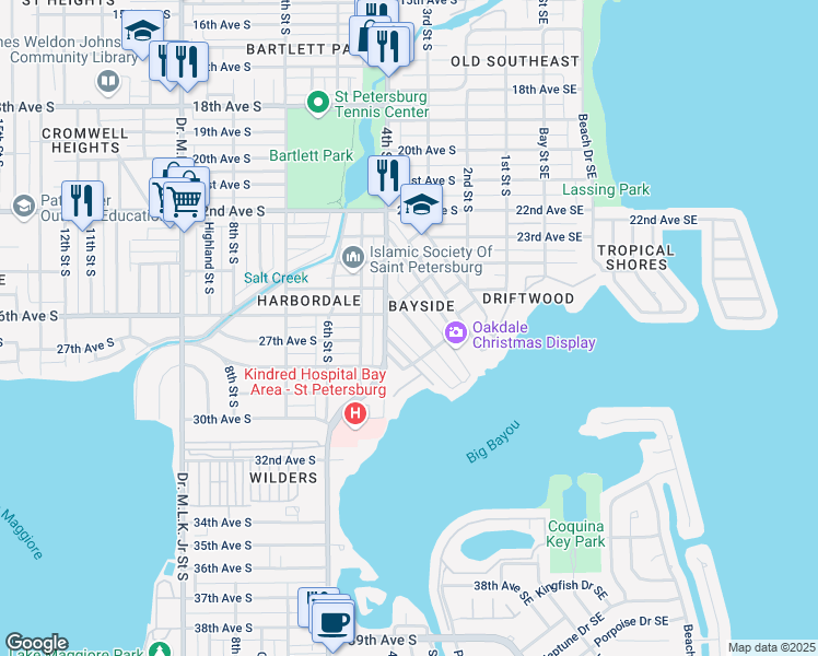 map of restaurants, bars, coffee shops, grocery stores, and more near 2615 Bayside Drive South in Saint Petersburg