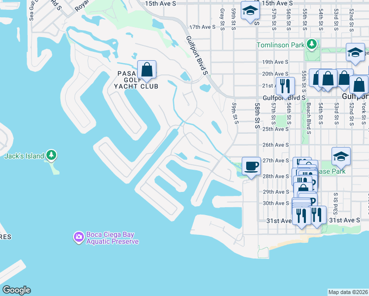 map of restaurants, bars, coffee shops, grocery stores, and more near 5954 Skimmer Point Boulevard South in Gulfport