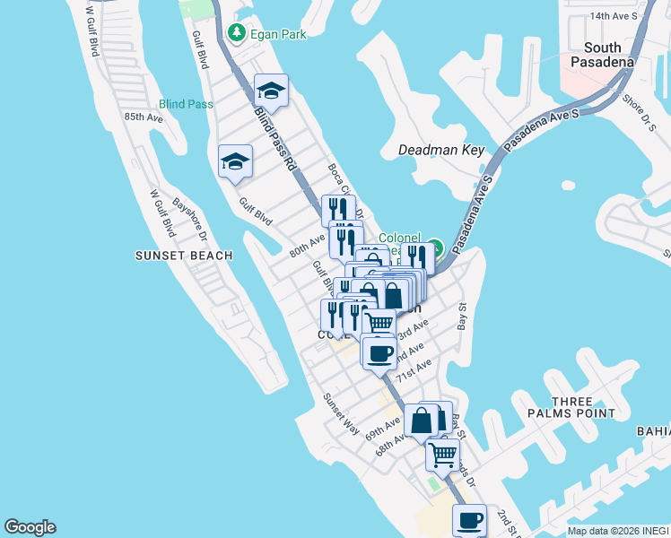 map of restaurants, bars, coffee shops, grocery stores, and more near 7704 Blind Pass Road in St. Pete Beach
