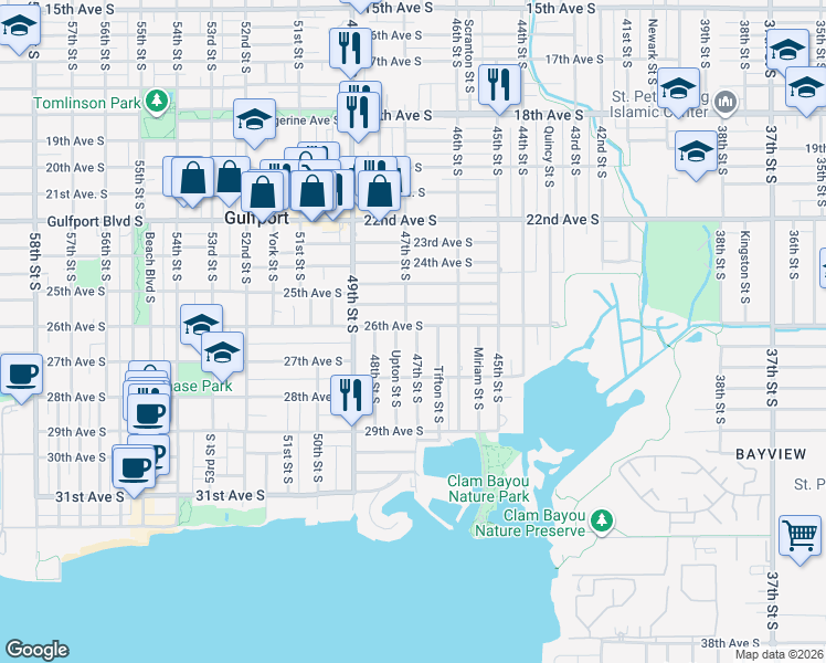 map of restaurants, bars, coffee shops, grocery stores, and more near 2621 Upton Street South in Gulfport