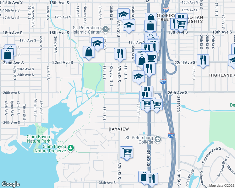map of restaurants, bars, coffee shops, grocery stores, and more near 2601 37th Street South in Saint Petersburg