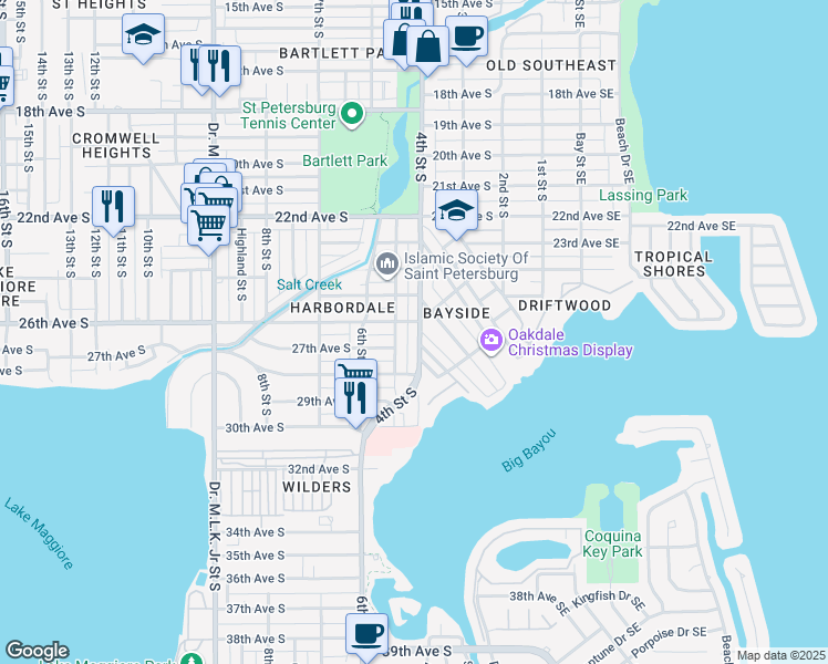 map of restaurants, bars, coffee shops, grocery stores, and more near 2636 5th Street South in St. Petersburg