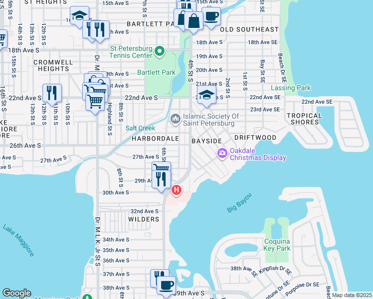 map of restaurants, bars, coffee shops, grocery stores, and more near 2636 5th Street South in St. Petersburg