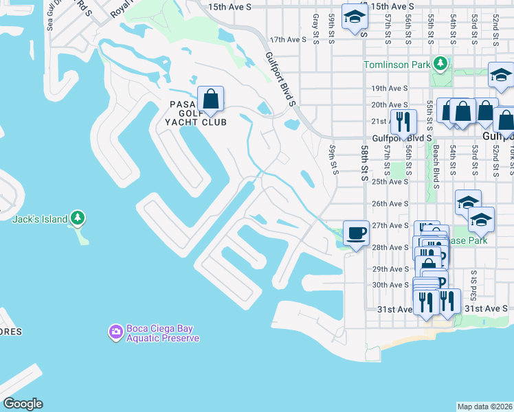 map of restaurants, bars, coffee shops, grocery stores, and more near 5954 Skimmer Point Boulevard South in Gulfport