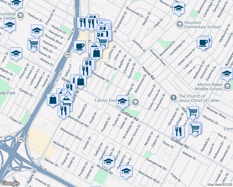 map of restaurants, bars, coffee shops, grocery stores, and more near 4425 Ramsey Street in Corpus Christi