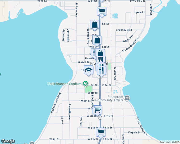 map of restaurants, bars, coffee shops, grocery stores, and more near 111 West 1st Street in Frostproof