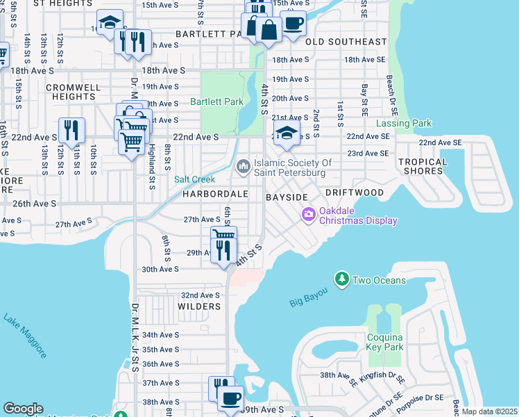 map of restaurants, bars, coffee shops, grocery stores, and more near 2636 5th Street South in St. Petersburg