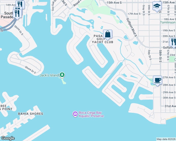 map of restaurants, bars, coffee shops, grocery stores, and more near 6024 Kipps Colony Drive East in Gulfport