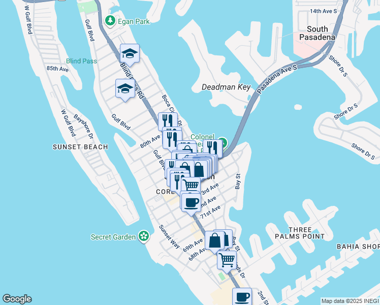 map of restaurants, bars, coffee shops, grocery stores, and more near 7625 Florida 699 in St. Pete Beach