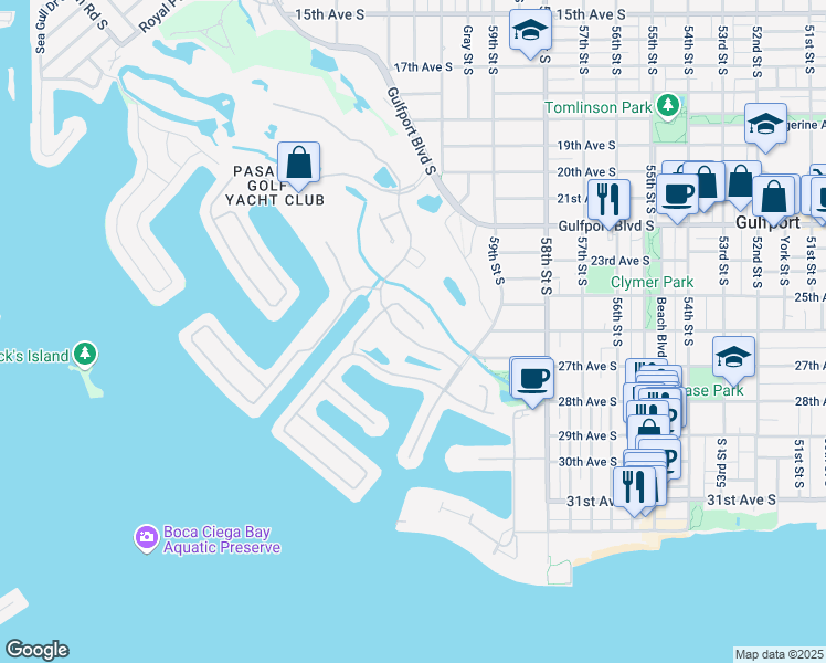 map of restaurants, bars, coffee shops, grocery stores, and more near 5912 Pelican Bay Plaza South in Gulfport