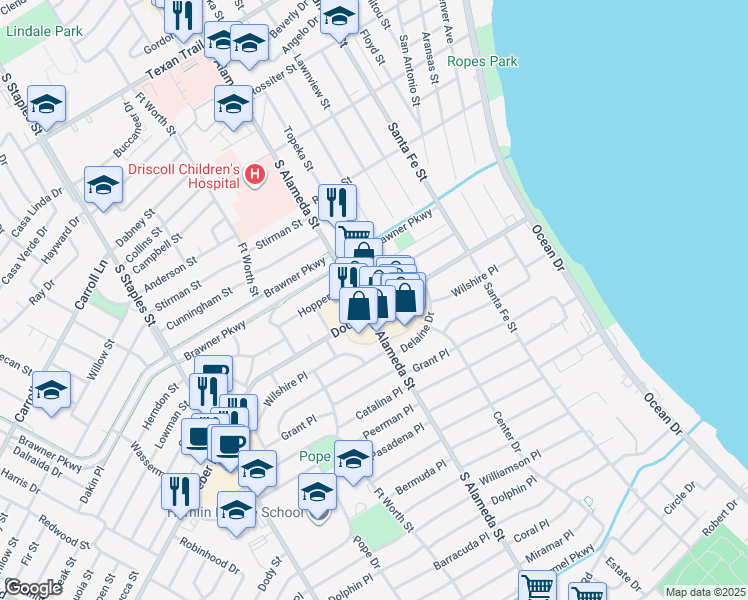 map of restaurants, bars, coffee shops, grocery stores, and more near 3820 South Alameda Street in Corpus Christi