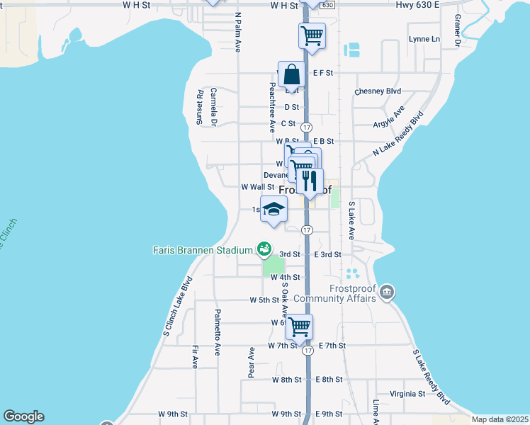 map of restaurants, bars, coffee shops, grocery stores, and more near 118 West 3rd Street in Frostproof