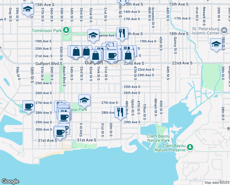 map of restaurants, bars, coffee shops, grocery stores, and more near 4943 27th Avenue South in Gulfport