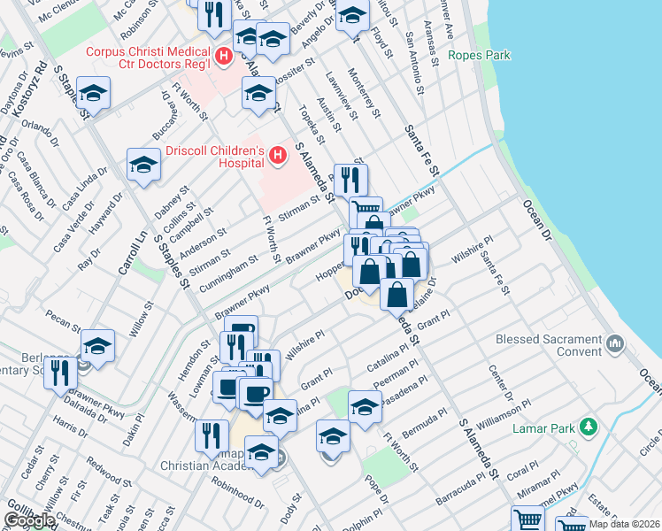 map of restaurants, bars, coffee shops, grocery stores, and more near 617 Hopper Drive in Corpus Christi