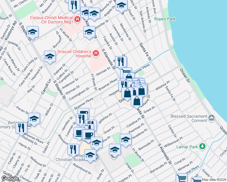 map of restaurants, bars, coffee shops, grocery stores, and more near 617 Hopper Drive in Corpus Christi