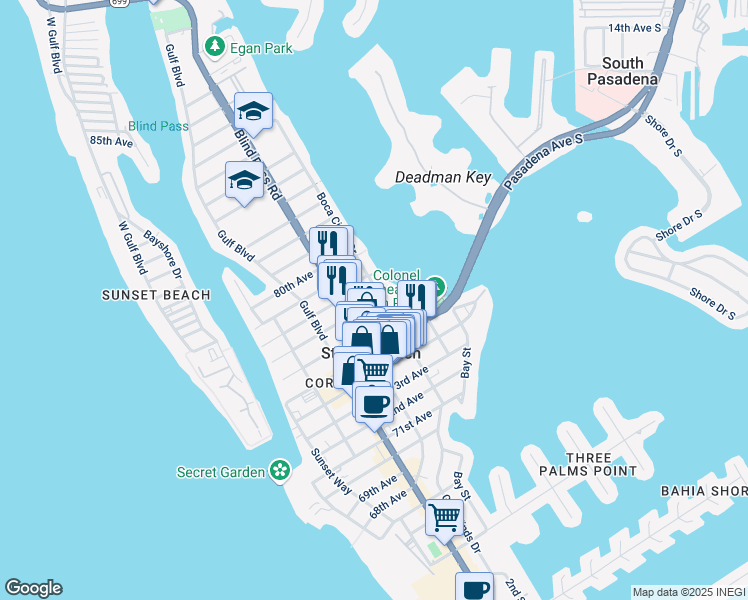 map of restaurants, bars, coffee shops, grocery stores, and more near 7740 Boca Ciega Drive in St. Pete Beach